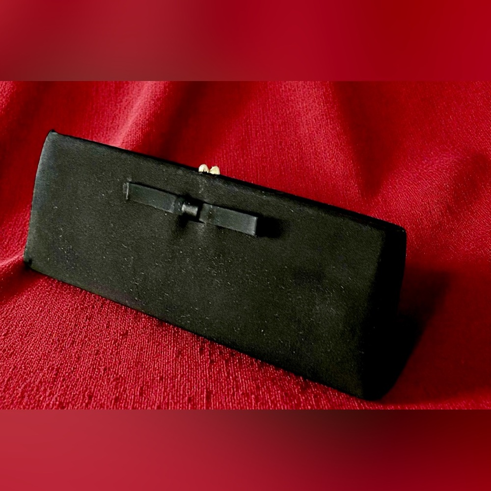 Harry Levine (HL) Black Satin Envelope Clutch Bag with Bow Detail and Gold Frame - Picture 1 of 7